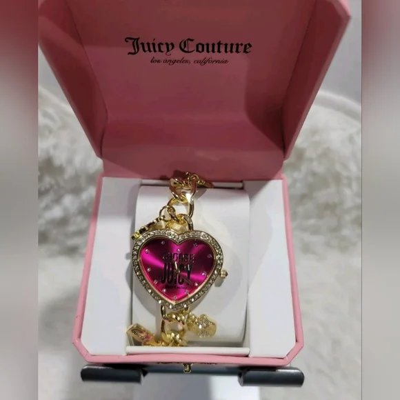 Juicy Couture Gold Tone Hanging Charm Watch . Hot Pink Heart Shaped Beze… - Picture 2 of 4